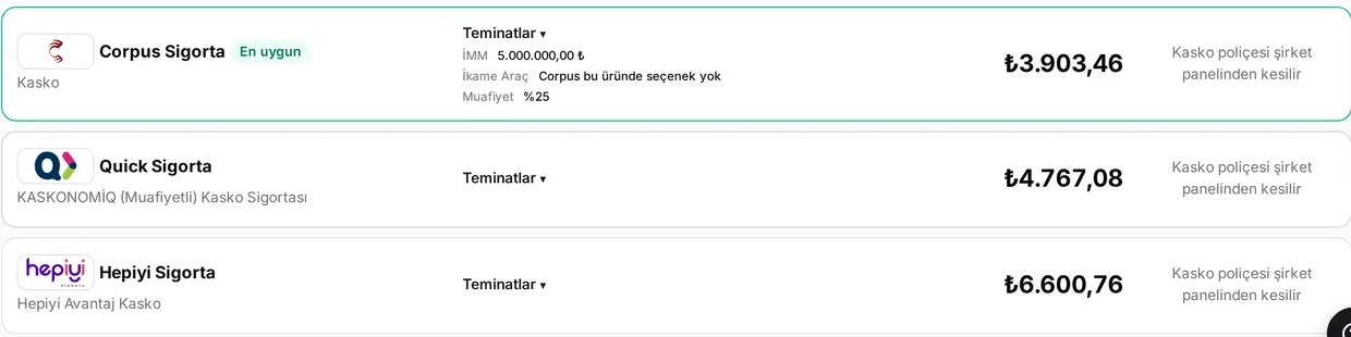 AcenteDestek: İstenen ve seçilen teminat yan yana
