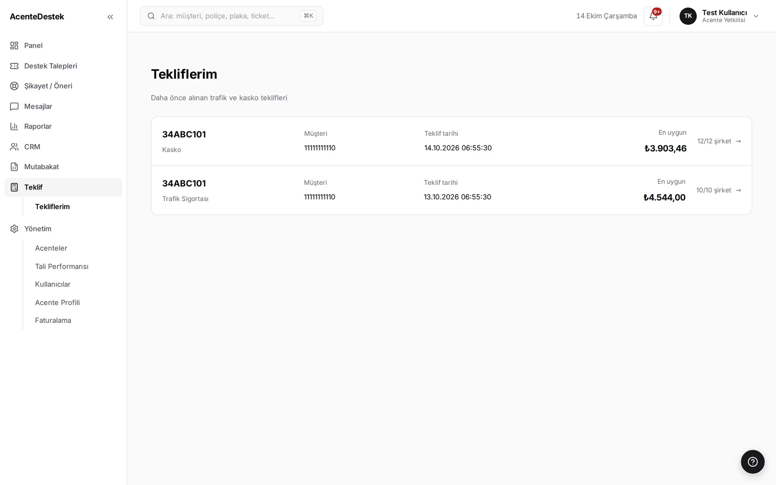 AcenteDestek Tekliflerim demo ekranı